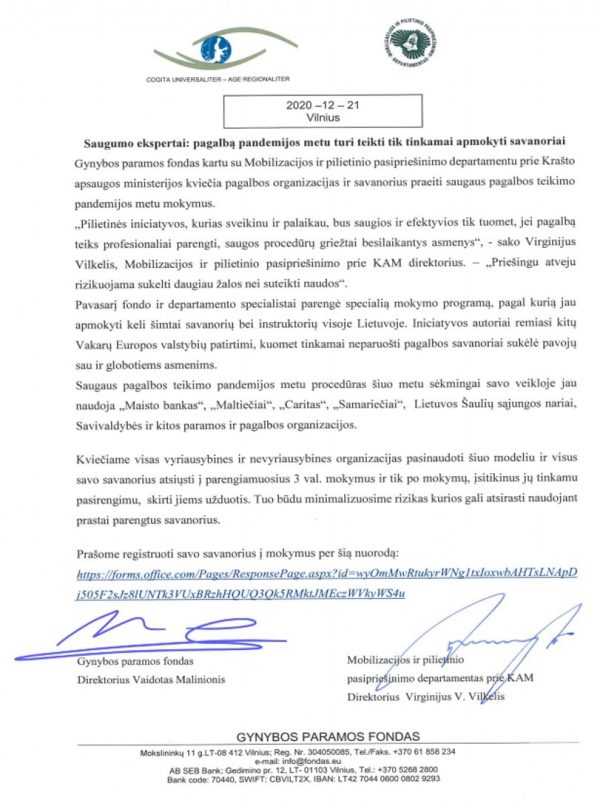  Pagalbą pandemijos metu turi teikti tik tinkamai apmokyti savanoriai