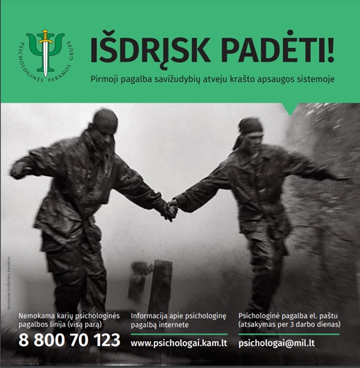Brošiūra. “IŠDRĮSK PADĖTI! Pirmoji pagalba savižudybių atveju“, KMT, 2019.
