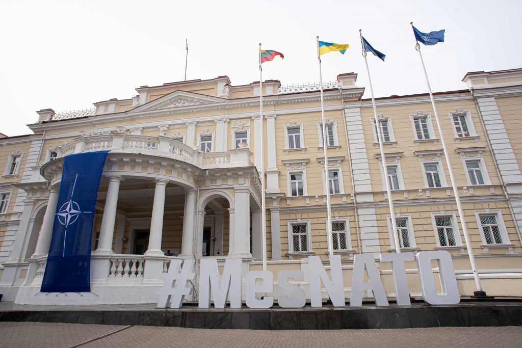 Lithuania joins NATO Day events: NATO flag draped down the Ministry of National Defence building